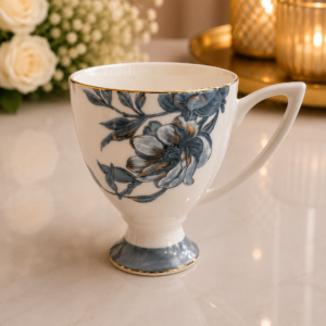 Premium white ceramic floral mug set with blue flower design, gold rim, and elegant modern handle.