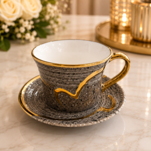 Luxury Grey Ceramic Tea Cup & Saucer with Gold Handle