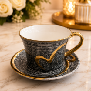 Black Ceramic Tea Cup & Saucer with Gold Handle