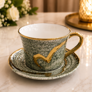 Luxury Green Ceramic Tea Cup & Saucer with Gold Handle