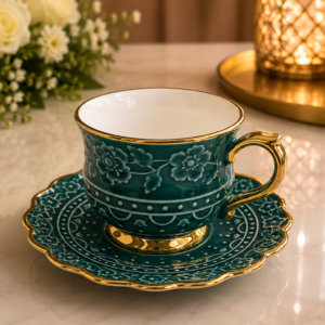Luxury Teal Ceramic Tea Cup & Saucer with Gold Floral Design