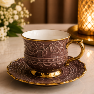 Luxury Brown Ceramic Tea Cup & Saucer with Gold Floral Design