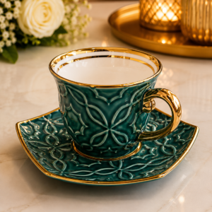 Luxury Teal Ceramic Tea Cup & Saucer with Gold Handle