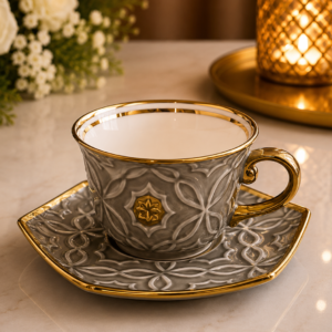 Luxury Grey Ceramic Tea Cup & Saucer with Gold Handle