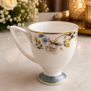 Luxury White Floral Ceramic Mug Set with Gold Rim