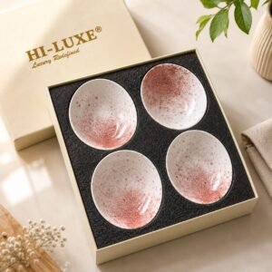 HI-LUXE premium 4-piece pink speckled ceramic bowl set in luxury gift box