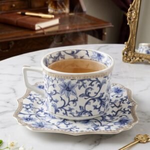 An elegant, steaming porcelain teacup and matching saucer with an intricate blue and white floral-and-vine pattern, sitting on a white marble table.