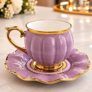 Premium Purple Ceramic Cup & Saucer with Gold Rim