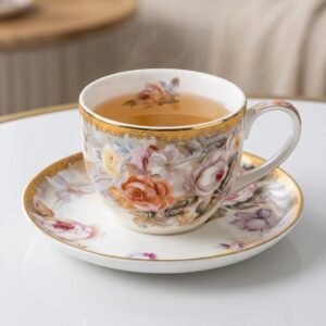 Elegant vintage porcelain teacup and saucer set with floral rose pattern and gold trim.