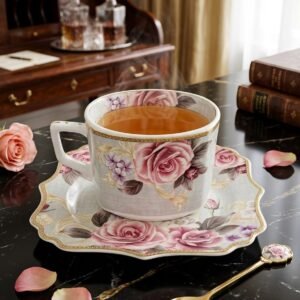 Luxurious floral porcelain teacup and saucer set with rose patterns on a dark marble surface.