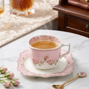 Luxurious pink and gold porcelain teacup and saucer set with delicate rose bud garlands on a white marble table.