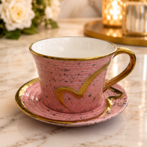 Pink Ceramic Tea Cup & Saucer with Gold Handle